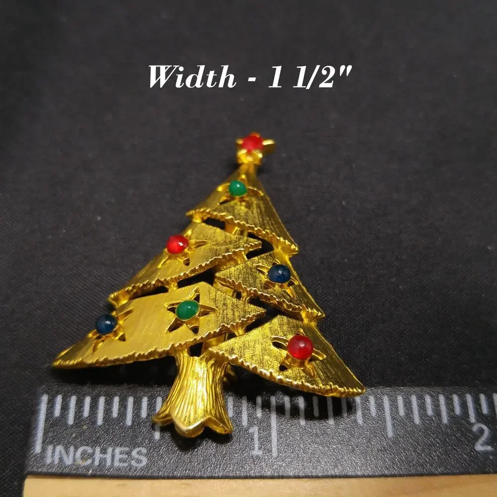 Vintage Eisenberg Ice Christmas Tree Brooch 1960s Gold Multicolor Beads Signed